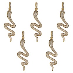 Golden 5Pcs rass Micro Pave Cubic Zirconia Pendants, Snake, Clear, Golden, 44.5x15x3mm, Hole: 6x4mm