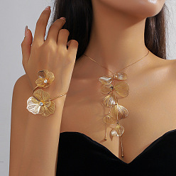 Золотой Комплект из ожерелья и браслета-манжеты из цветочного сплава с кристаллами и стразами, золотые, 350 мм и 60 мм