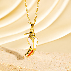 White Brass Micro Pave Clear Cubic Zirconia Bird Pendant Necklaces with Enamel, Golden, White, 15.75 inch(40cm)