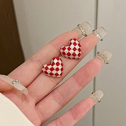 Красный Сплав эмаль серьги, сердце с клетчатым узором, золотые, красные, 15.5x17.5 мм