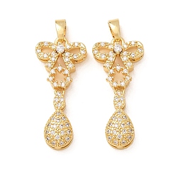 Real 18K Gold Plated Brass Micro Pave Clear Cubic Zirconia Pendants, Bowknot & Teardrop Charms, Real 18K Gold Plated, 26.5x12.5x5mm, Hole: 2x4.5mm