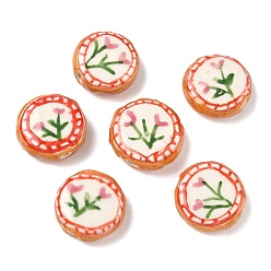 Бледно-фиолетовый Красный Фарфоровые бусины ручной работы, бусины ручной работы, плоские круглые с цветком, с эмалью, бледно-фиолетовый красный, 19~20x7~8 мм, отверстие : 1.5~1.8 мм