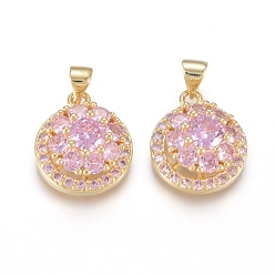 Plum Brass Micro Pave Cubic Zirconia Pendants, Long-Lasting Plated, Flat Round with Flower, Flower Able Rotate, Golden, Plum, 17.5x14.5x8mm, Hole: 4x3.5mm