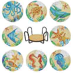 Other Animal DIY Coaster Diamond Painting Kits, Including Flat Round Cup Mat, Cork Pad, Coaster Holder, Resin Rhinestones Bag, Diamond Sticky Pen, Tray Plate, Glue Clay, Sea Animals, Packaging: 130x130x60mm, 19pcs/set