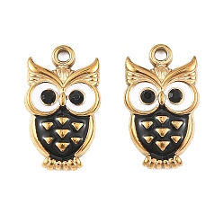 Настоящее золото 18K 304 нержавеющей стальной эмали подвески, сова прелести, вакуумное покрытие pvd, реальный 18 k позолоченный, 18x11x3 мм, отверстие : 1.5 мм