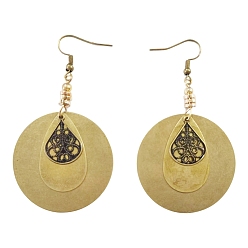 Antique Golden Retro Alloy Dangle Earrings, Flat Round with Teardrop Pattern, Antique Golden, 50x40mm