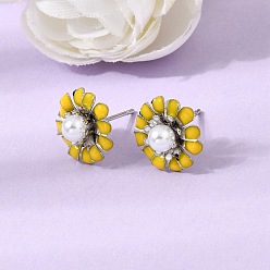 Or Boucles d'oreille en laiton émaillé, fleur, avec des perles en plastique abs, sans plomb et sans cadmium, crémaillère plaquage, plaqué longue durée, platine, or, 13.5~14mm