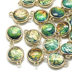 Зеленый Соединители из смолы, с фурнитурой латунной золотого тона, без никеля , плоско-круглые, зелёные, 17x11.5x5.5~6 мм, отверстие : 1.4~1.5 мм