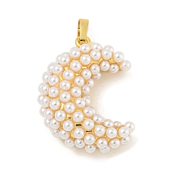 Луна Покрытие стойки, подвески из латуни и АБС-пластика с имитацией жемчуга, без кадмия и без свинца, долговечный, реальный 18 k позолоченный, луна, 28x21x9.5 мм, отверстие : 5.5x3.5 мм