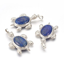 Lapis Lazuli Natural Lapis Lazuli Pendants, with Alloy Findings, Tortoise, Platinum, 49x31.5x7mm, Hole: 8x5mm