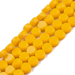 Золотистый Непрозрачные сплошные цветные стеклянные бусины, граненые, плоско-круглые, золотые, 5.5x3 мм, отверстие : 1.2 мм, около 99~100 шт / нитка, 20.08 дюйм ~ 21.14 дюйм (51~53.7 см)