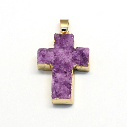 Natural Agate Plated Natural Druzy  Agate Cross Pendants, with Light Gold Plated Brass Findings, 34~38x23~25x7~14mm, Hole: 6x5mm