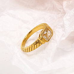 Прозрачный 304 женские перстни из нержавеющей стали с кубическим цирконием, прямоугольные, реальный 18 k позолоченный, граненые, прозрачные, размер США 9 (18.9 мм)