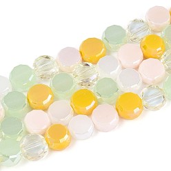 Золотистый Стеклянные бусины с гальваническим покрытием , плоско-круглые, граненые, золотые, 7.5~8x4~5 мм, отверстие : 1~1.4 мм, около 25~27 шт / нитка, 7.28~7.48 дюйм (18.5~19 см)