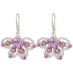 Средний Фиолетовый Серьги-бабочки из латуни, со стеклянными бусинами, серебряные, средне фиолетовый, 45x40 мм