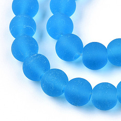 Deep Sky Blue Transparent Glass Beads Strands, Frosted, Round, Deep Sky Blue, 8~8.5mm, Hole: 1.5mm, about 51~53pcs/strand, 14.96 inch~15.55 inch(38~39.7cm)