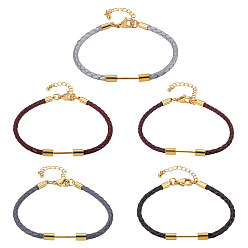 Mixed Color 5Pcs 5 Colors 3MM Braided Round Imitation Leather Cord Bracelet Making, with 304 Stainless Steel Lobster Clasps & Brass Beadable Bar, Golden, Rack Plating, Long-Lasting Plated, Mixed Color, 7-1/8 inch(18.2cm), Pin: 1mm, 1pc/color