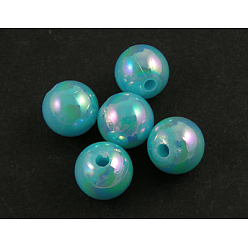 Cyan Eco-Friendly Poly Styrene Acrylic Beads, AB Color Plated, Round, Cyan, 10mm, Hole: 2mm, about 980pcs/500g