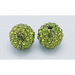 Желто-Зеленый Бусины с класс А стразами, pave disco бусины, cmолы и каолина, круглые, желто-зеленый, 10 мм, отверстие : 1.5 мм
