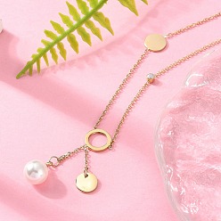 Золотой 304 ожерелья с круглыми дисками из нержавеющей стали и кристаллами горного хрусталя, с пластиковой имитацией жемчуга для женщин, ионное покрытие (ip), золотые, 15.75 дюйм (40 см)