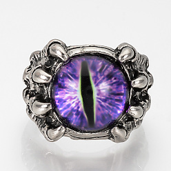 Blue Violet Adjustable Alloy Finger Rings, with Glass Findings, Wide Band Rings, Dragon Eye, Blue Violet, Size 10, 20mm