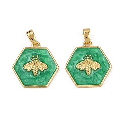 Настоящее золото 18K Латунные подвески, без кадмия и без свинца, с эмалью, шестиугольник с пчелами, реальный 18 k позолоченный, 18.5x18x3 мм, отверстие : 4.5x2 мм