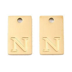 Letter N 304 Stainless Steel Pendants, Rectangle with Letter Charms, Real 18K Gold Plated, Ion Plating(IP), Letter N, 16x10x1.4mm, Hole: 1.8mm