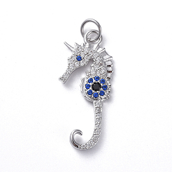 Real Platinum Plated Brass Micro Pave Cubic Zirconia Pendants, Long-Lasting Plated, Sea Horse, Colorful, Real Platinum Plated, 26x11x2mm, Hole: 3.1mm