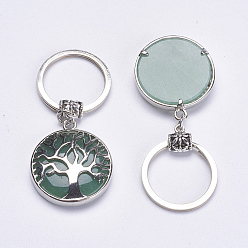 Green Aventurine Natural Green Aventurine Keychain, with Brass Finding, Flat Round with Tree of Life, 64mm