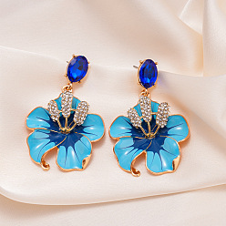Светло-Голубой Цветок сплава горный хрусталь качают серьги стержня, с эмалью, золотые, Небесно-голубой, 60x40 мм