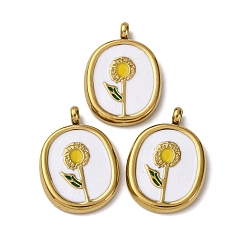 Золотой 304 нержавеющей стальной эмали подвески, овал с цветочной подвеской, ионное покрытие (ip), золотые, 23x16.5x4 мм, отверстие : 2.5 мм
