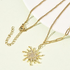Солнце 304 ожерелья с подвесками из нержавеющей стали с микропаве из прозрачных кубических цирконий для женщин, золотые, солнце, 16.42 дюйм (41.7 см), Кулон : 25.5x23.5 мм