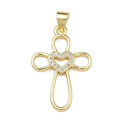 Настоящее золото 18K Латунные микропаве прозрачные подвески с фианитом, крестик с сердечками, без свинца и без кадмия, стойки покрытие, долговечный, реальный 18 k позолоченный, 26x17.5x2 мм, отверстие : 3.5x3.4 мм