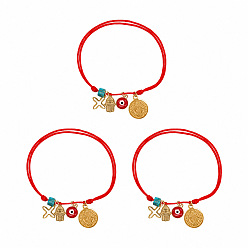 Red Religion 304 Stainless Steel Cross Hamsa Hand Evil Eye Charm Bracelet Sets, Adjustable Stackable Cord Bracelets with Cube Dyed Natural Imperial Jasper Beads, Golden, Red, 11.02 inch(28cm), 3pcs/set