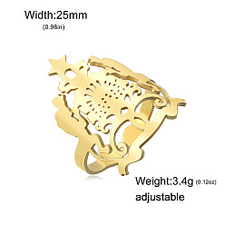 Golden 304 Edelstahlmanschetten mit offenen Ringen, Blume mit Stern, golden, Innendurchmesser: 15~20 mm