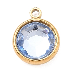 Свет Сапфира 304 прелести нержавеющей стали, с акриловыми стразами, очарование камня, граненые, плоско-круглые, золотые, света сапфир, 12x10x4.4 мм, отверстие : 1.3 мм