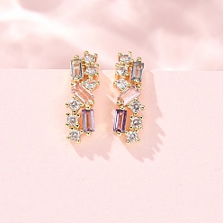 Rectangle Boucles d'oreilles à clous en laiton pavé de zirconiums cubiques, réel 18 k plaqué or, sans cadmium et sans plomb, plaqué longue durée, crémaillère plaquage, rectangle, 17.5x5.5x8.5mm