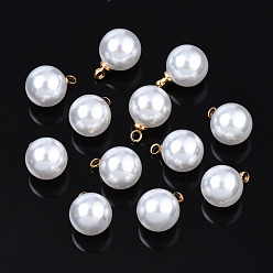 White ABS Plastic Imitation Pearl Charms, with Brass Findings, Golden, Round, White, 11.2x8mm, Hole: 1.5mm