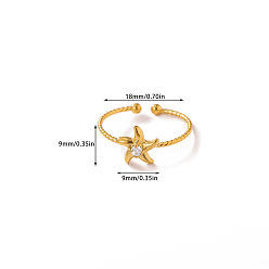 Starfish 304 Stainless Steel & Clear Cubic Zirconia Cuff Open Rings, Golden, Starfish, Inner Diameter: 15~20mm