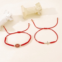 Красный 2шт. браслеты из сплава со стразами для женщин, регулируемые плетеные браслеты с Девой Марией и крестом, красные, внутренний диаметр: 2-3/8 дюйм (6 см)