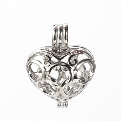 Platine Pendentif de cage en laiton , creux, cœur, platine, 21x16x11mm, trou: 2x4 mm, mesure intérieure: 14x10.5 mm