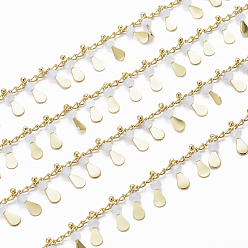 Light Grey Handmade Glass Beaded Chains, with Real 18K Gold Plated Brass Side Twisted Chains Curb Chains, with Spool, Long-Lasting Plated, Soldered, Light Grey, 2.5x2x1mm, teardrop,: 10x3x3mm, about 32.8 Feet(10m)/roll