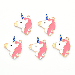 Pink Alloy Enamel Pendants, Cadmium Free & Lead Free, Light Gold, Unicorn, Pink, 24.5x19.5x1mm, Hole: 1.8mm