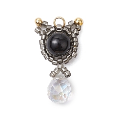 Black Onyx Подвески из натурального черного оникса (окрашенного и нагретого) и стеклянных бусин ручной работы в форме кошки, с целью перехода в кольце, 28.5x15x8 мм, отверстие : 3 мм