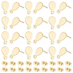 Золотой 60 шт 304 детали серьги-гвоздики из нержавеющей стали, с горизонтальными петлями и 201 ушными гайками/задними частями серег из нержавеющей стали, слеза, золотые, 13x7 мм, отверстие : 1.4 мм, штифты : 0.8 мм
