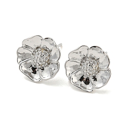 Platinum Brass Stud Earrings Findings, with Loops, Flower, Platinum, 12mm, Hole: 1.8mm, Pin: 11x0.7mm