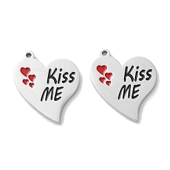 Черный 304 нержавеющей стальной эмали подвески, сердце со словом поцелуй меня очарование, чёрные, 17.5x14.5x1.5 мм, отверстие : 0.9~1 мм