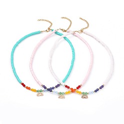 Couleur Mélangete Chakra bijoux, colliers pendentif perles en pâte polymère heishi, avec des perles de jade malaisie naturelles, breloques en laiton et 304 fermoirs pince de homard en acier inoxydable, fleur de lotus, couleur mixte, 14.9 pouce (38 cm), 4mm