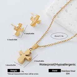 Angel & Fairy 304 Stainless Steel Pendant Necklace & Stud Earrings Set for Women, Golden, Angel & Fairy, 450mm, Pendant: 17x12mm