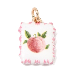 Pink Brass Pendants, Rectangle with Peach Charms, Golden, Pink, 19x14x3.5mm, Hole: 3.5mm